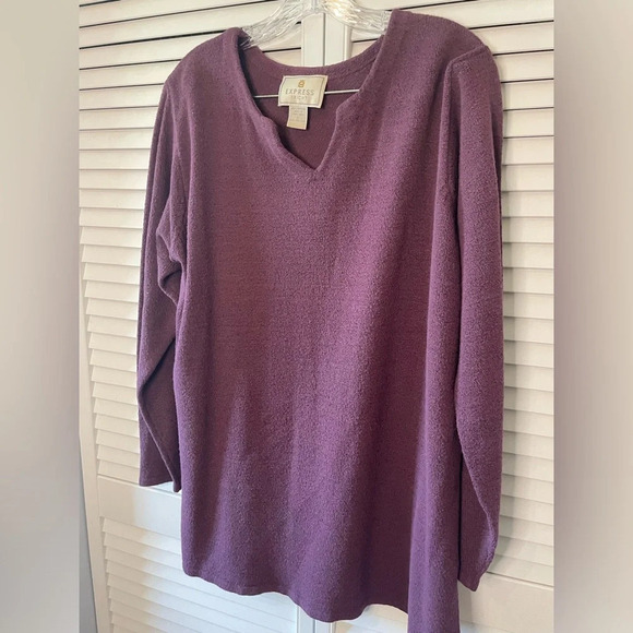 Vintage Express Tricot Plum Purple V-Neck Long Sleeve Sweater Large Side Vents - Picture 4 of 12